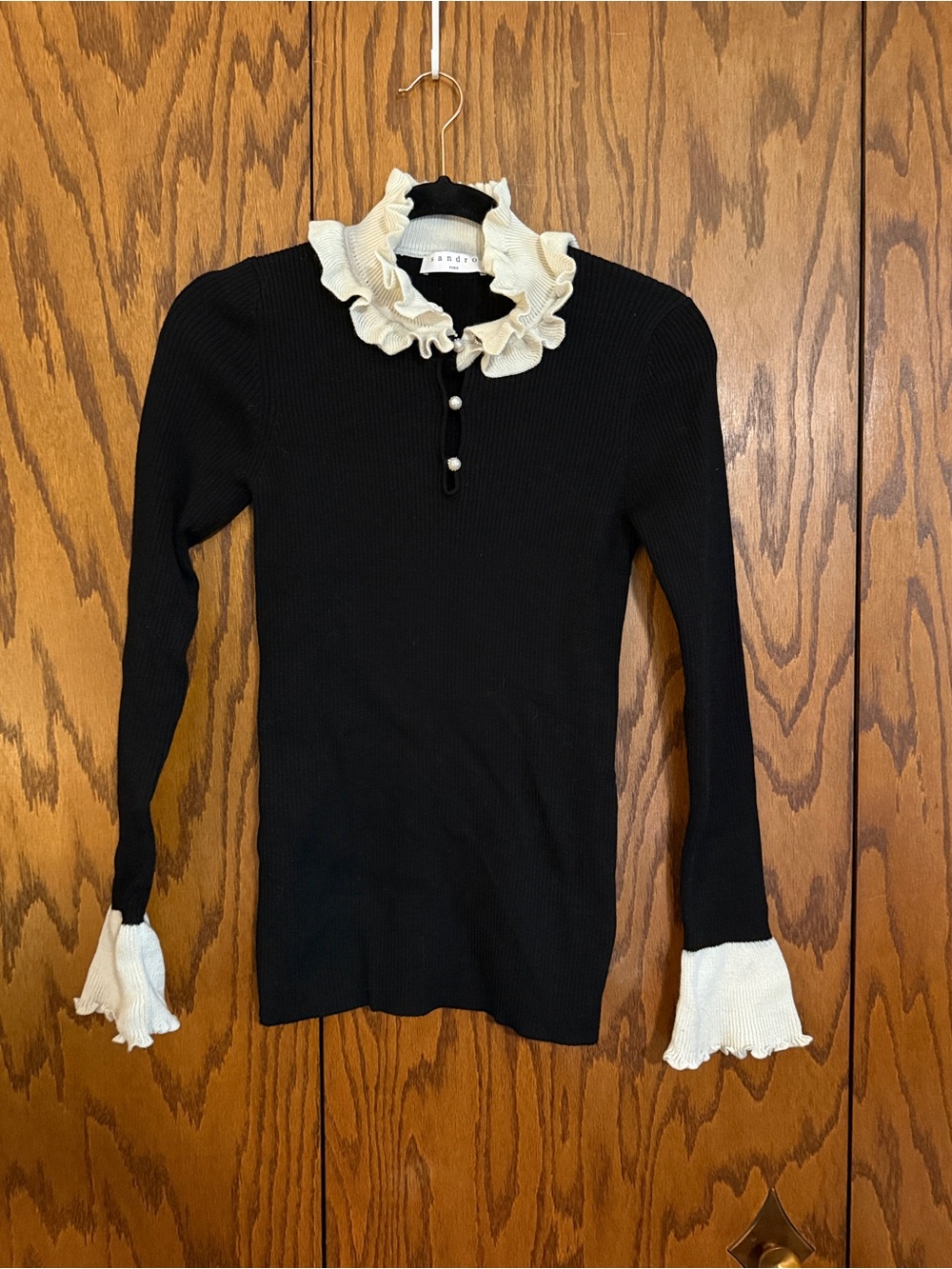 Sandro Paris Black Rib Knit Ruffle Collar Pearl Sweater Top S